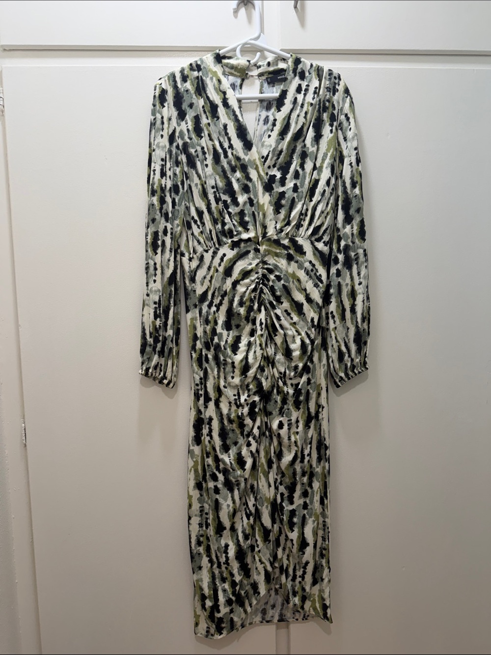 Mango Olive, Black and Cream Ruched Long Sleeve Midi Dress